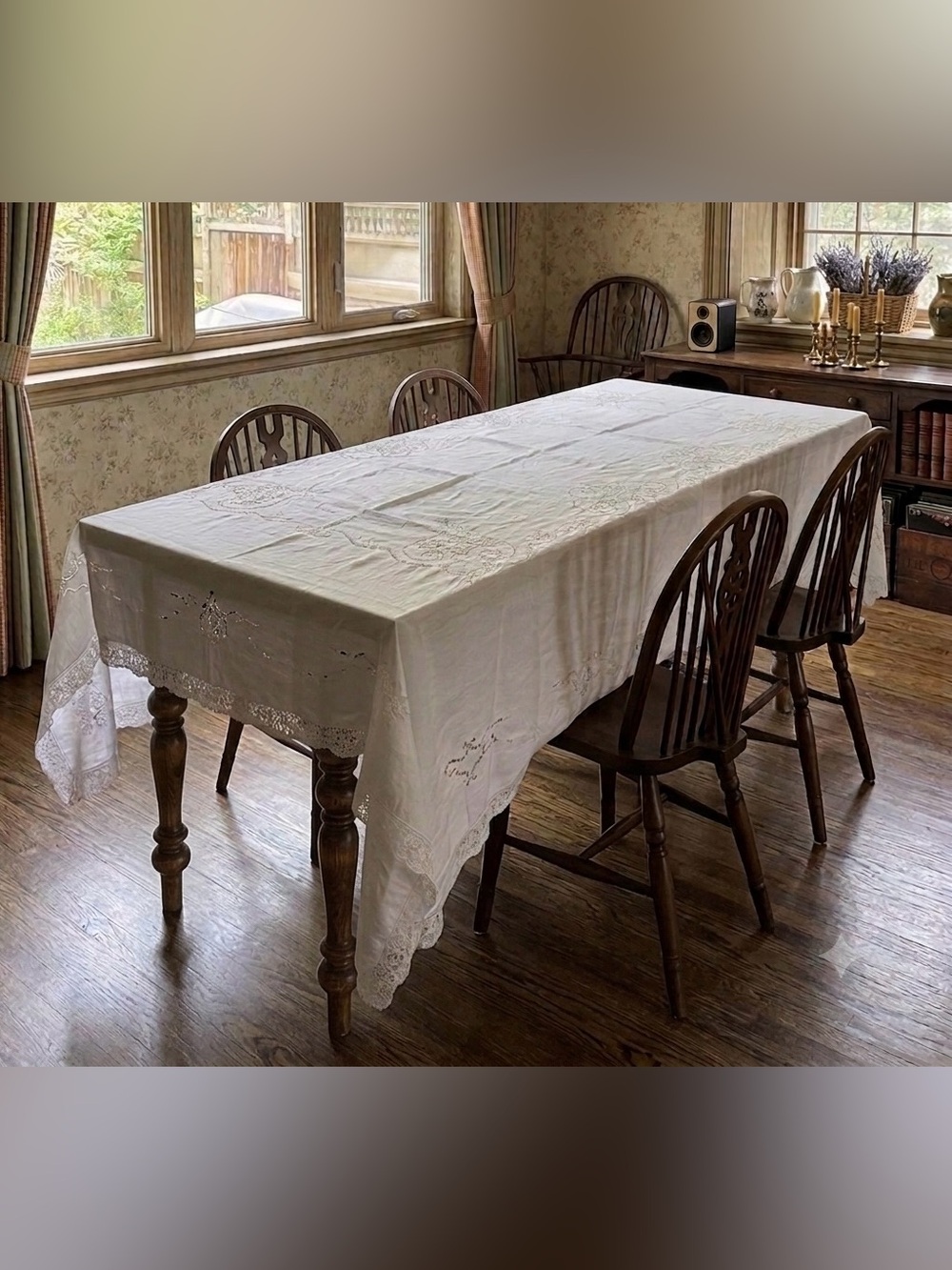 Antique White Linen Tablecloth Battenburg Lace with Lace Border 68” x 106”